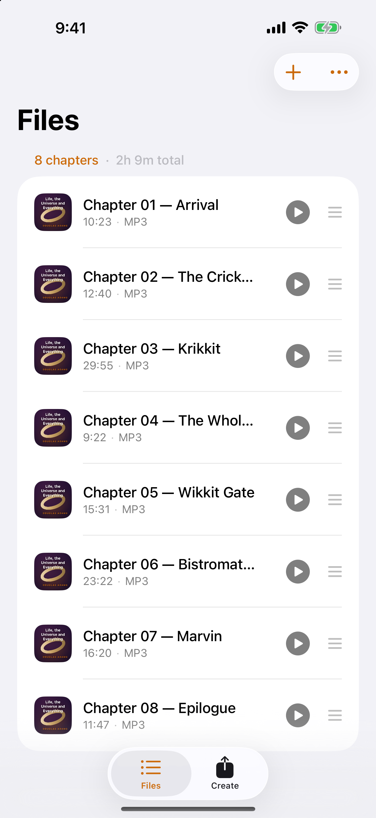 Binder on iOS showing eight chapters ready to bind