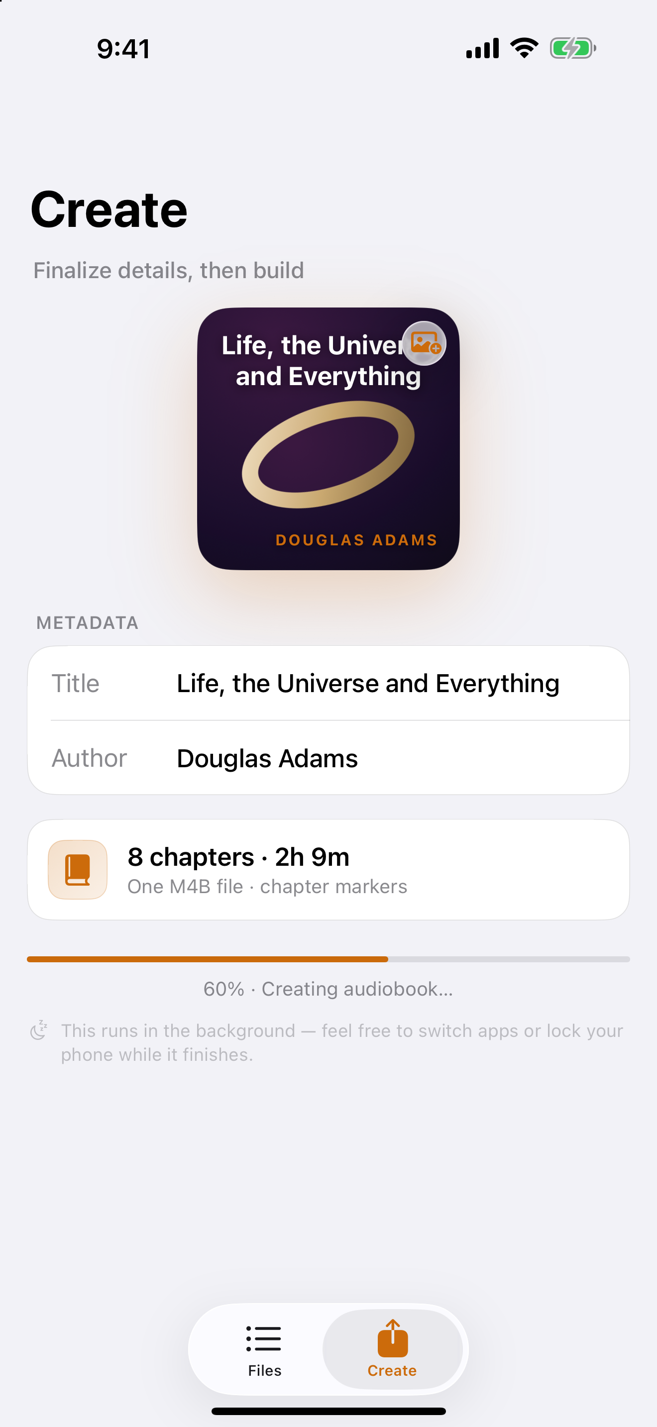 An audiobook building, with a progress bar