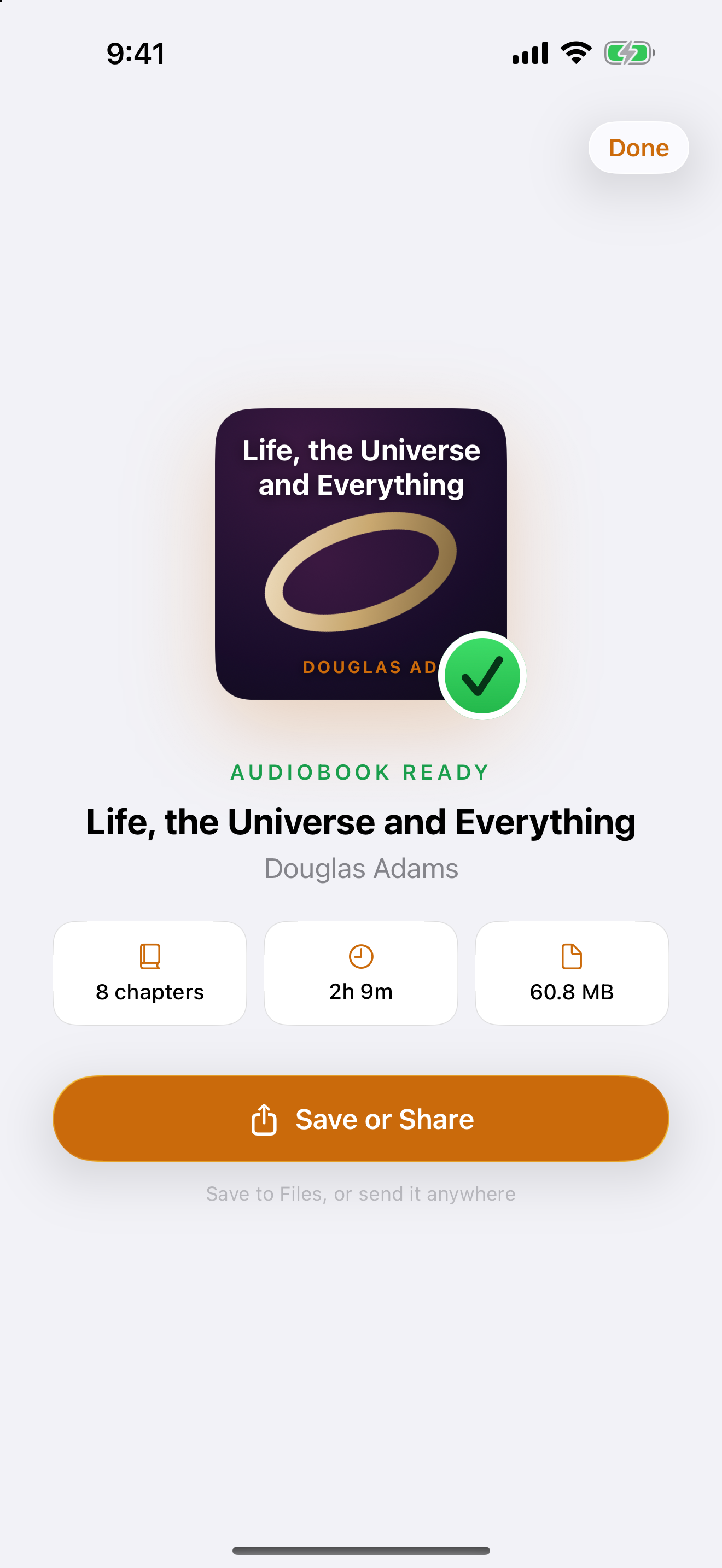 Finished audiobook, ready to save or share