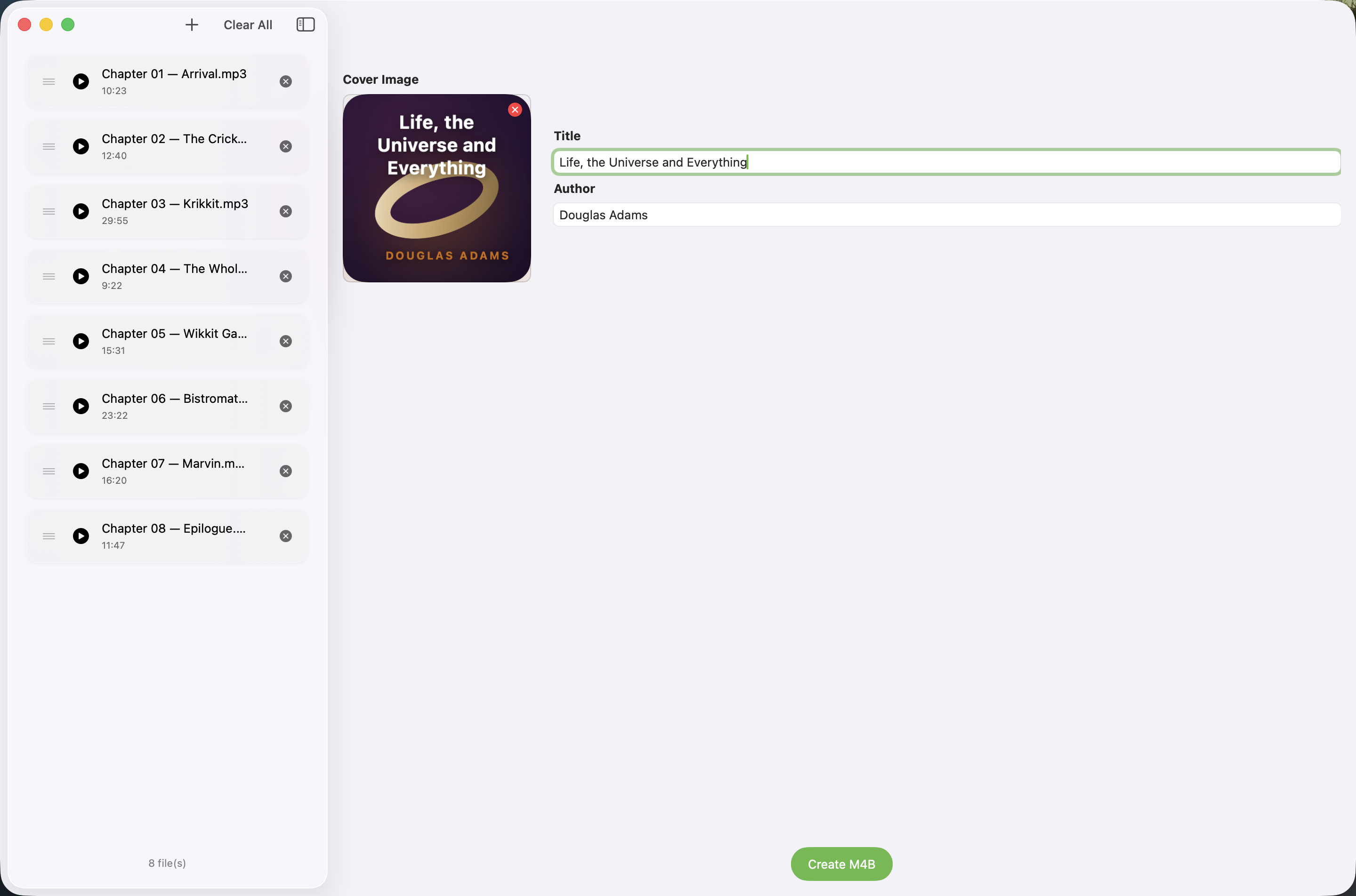 Binder on macOS with the chapter list and cover