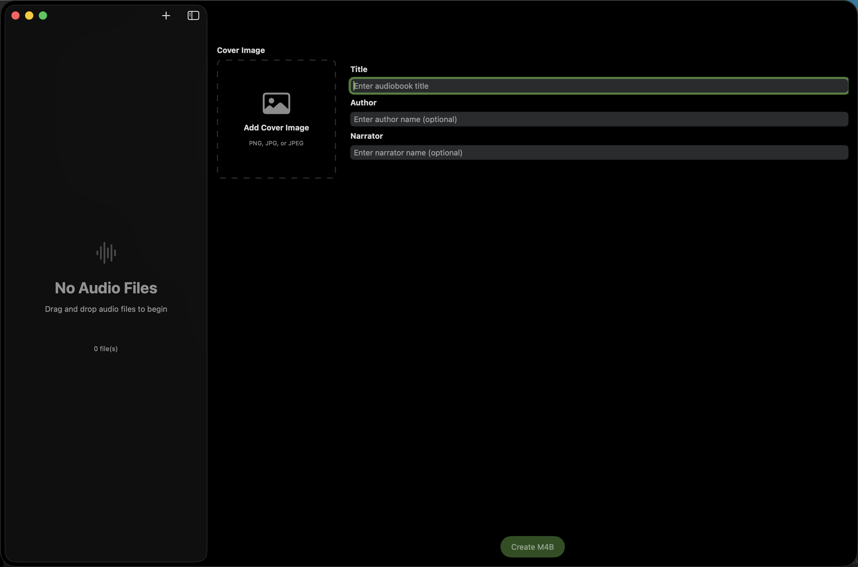 An empty Binder window on macOS prompting you to drag and drop audio files